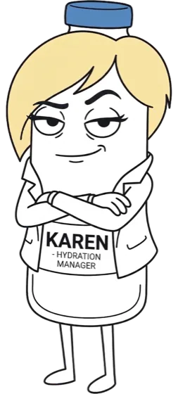 Karen, a water bottle with a blonde bob, arms crossed, unimpressed