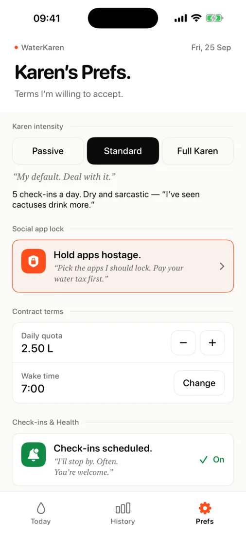 WaterKaren Prefs screen: intensity, social app lock, quota and wake time
